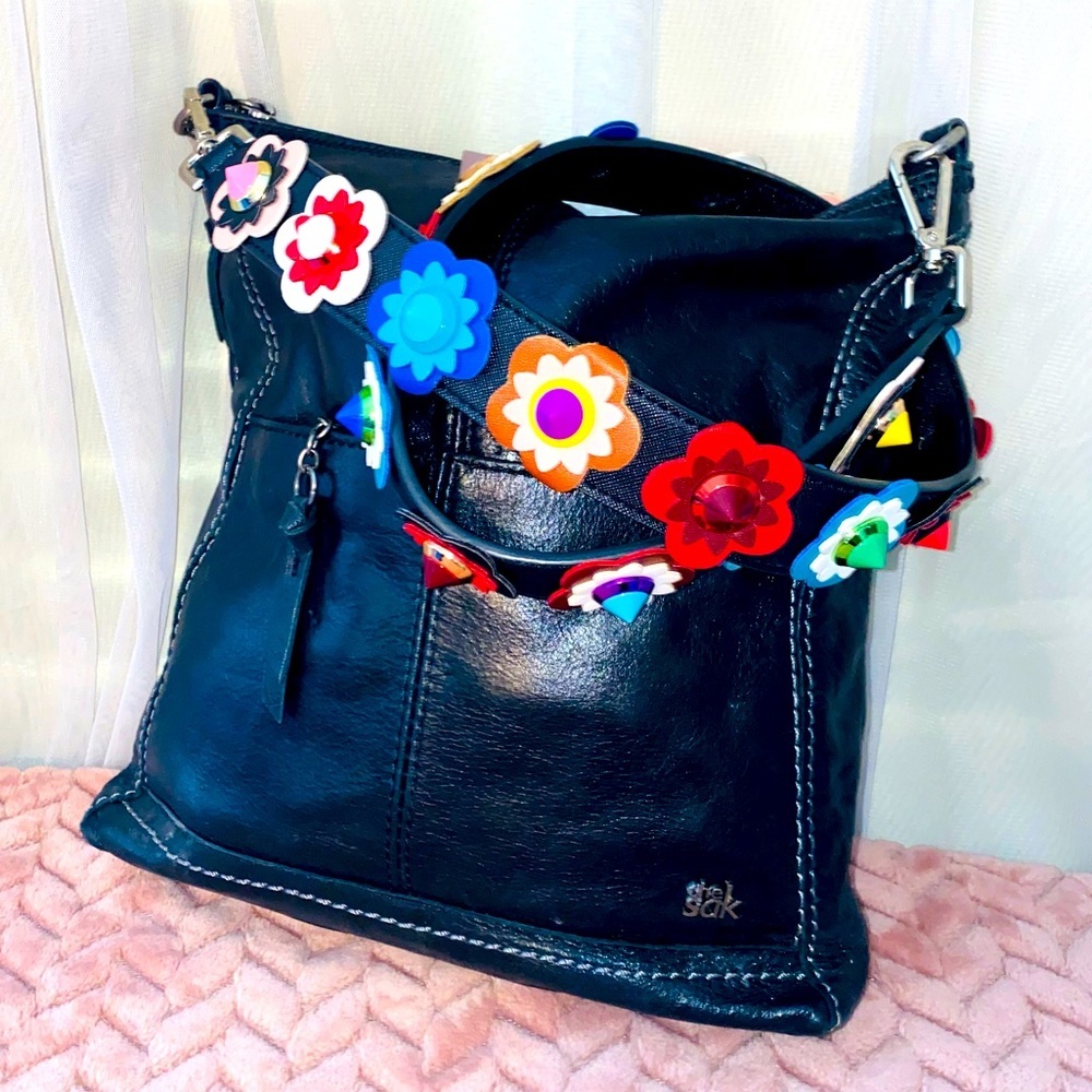 COPY - The Sak Black Leather Lucia Crossbody Bag Purse Unisex Floral STUDDED Pi…